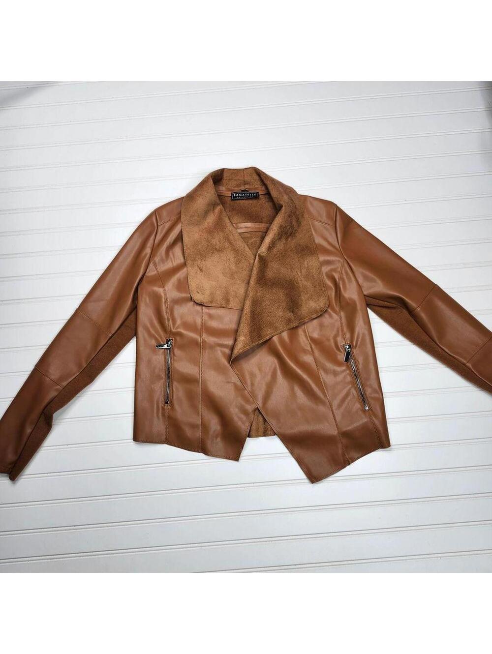 Bagattelle Women's Camel Brown Vegan Leather Open Front Waterfront Jacket Small